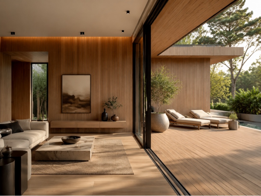 Modern WPC decking and wall cladding in a luxury indoor outdoor living space
