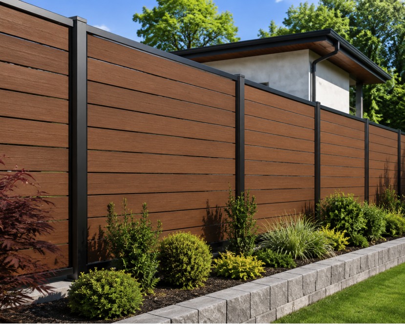 WPC aluminum fence panels with wood grain finish in a modern residential garden