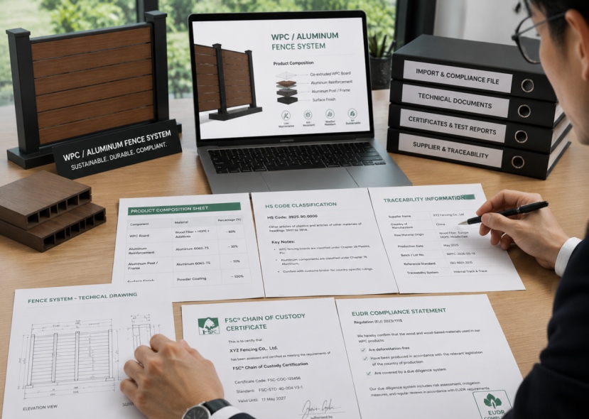 WPC aluminum fence system with compliance documents, technical drawings, and traceability files