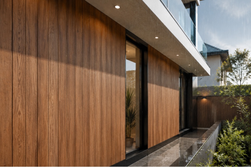 Wood grain WPC wall cladding on a modern residential exterior facade