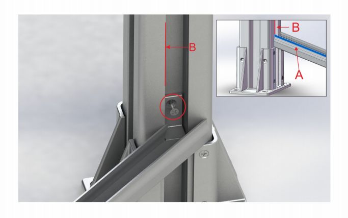 Fix bottom rail with the corner brace to the post with screws (make the Aside of the rail close to the B side of the post)position with U rail.