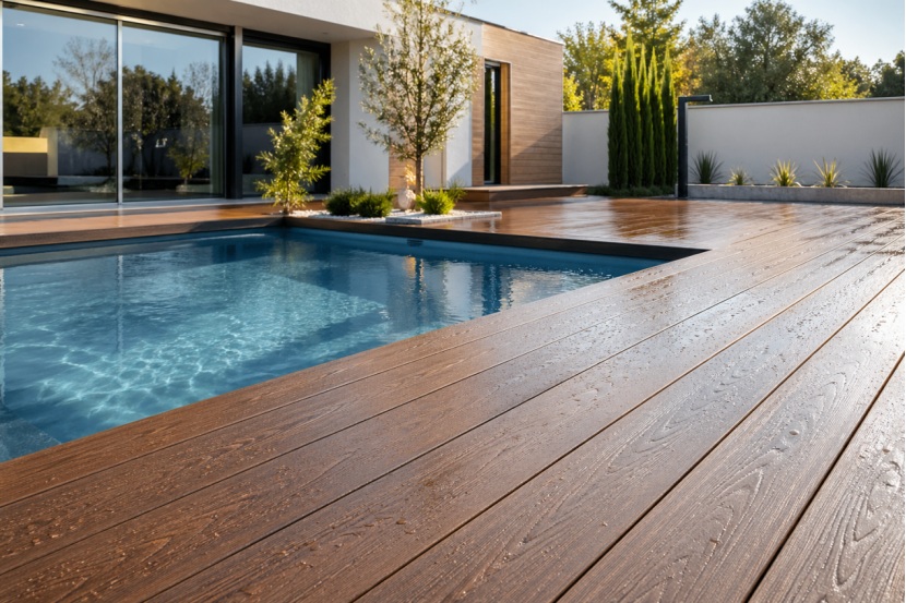 Modern waterproof WPC decking around luxury outdoor swimming pool
