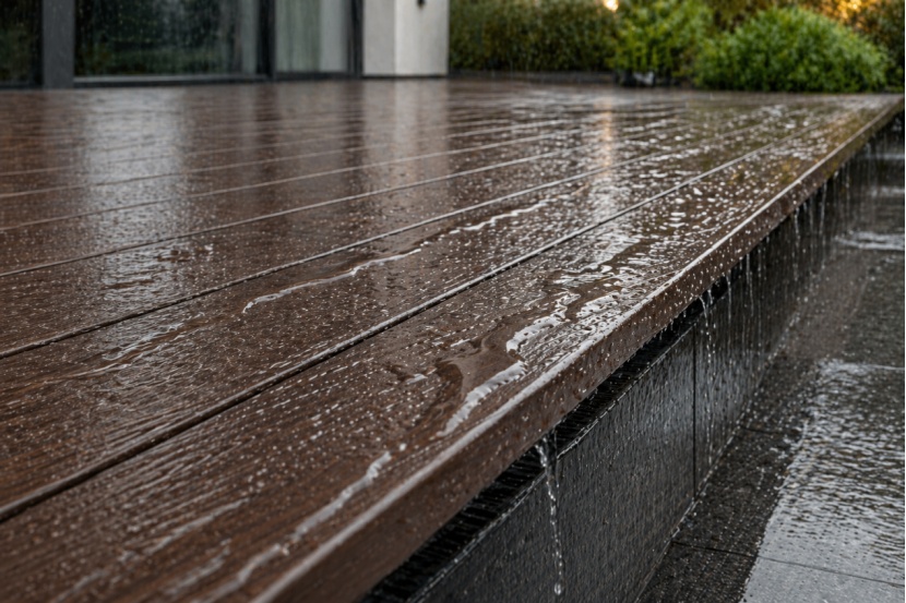 Rain-resistant composite decking board with anti-slip outdoor surface design