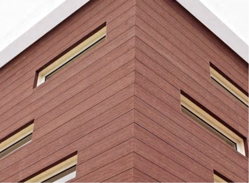 mexytech Composite Wall Cladding horizontal wood-grain facade panels on a modern architectural exterior corner