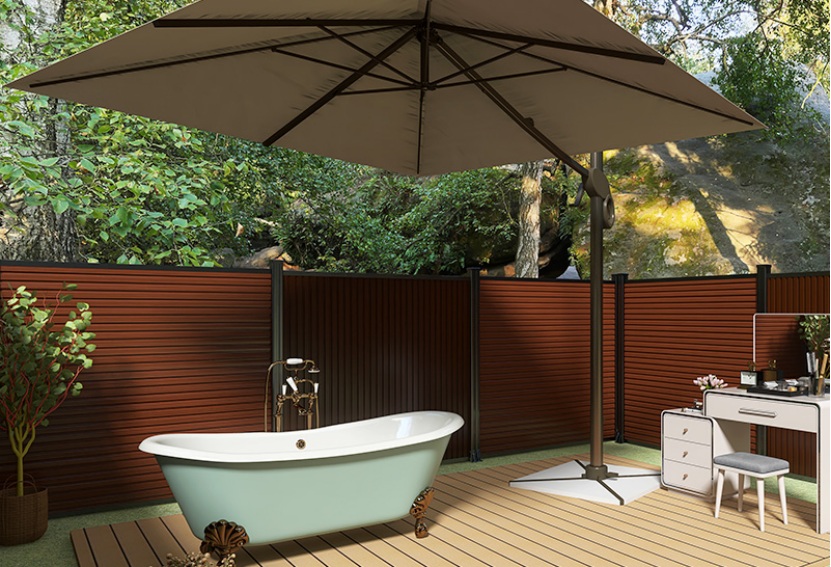 mexytech wood-look composite fence privacy panels surrounding an outdoor bath deck with umbrella and vanity area